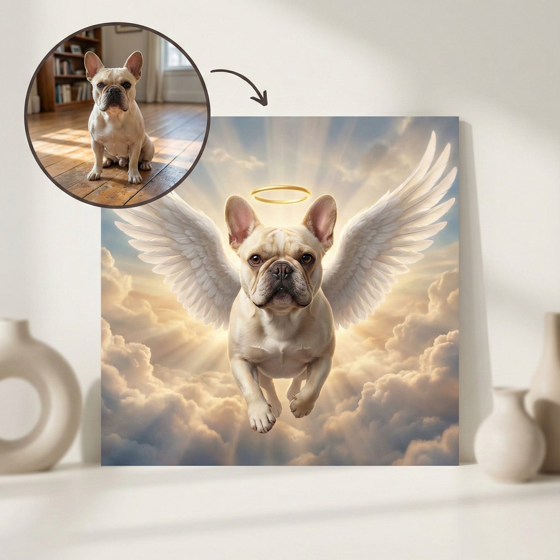 Custom Dog Memorial Portrait - Flying Over Rainbow Bridge (Angel Wings) by Phoenix Tree Studio