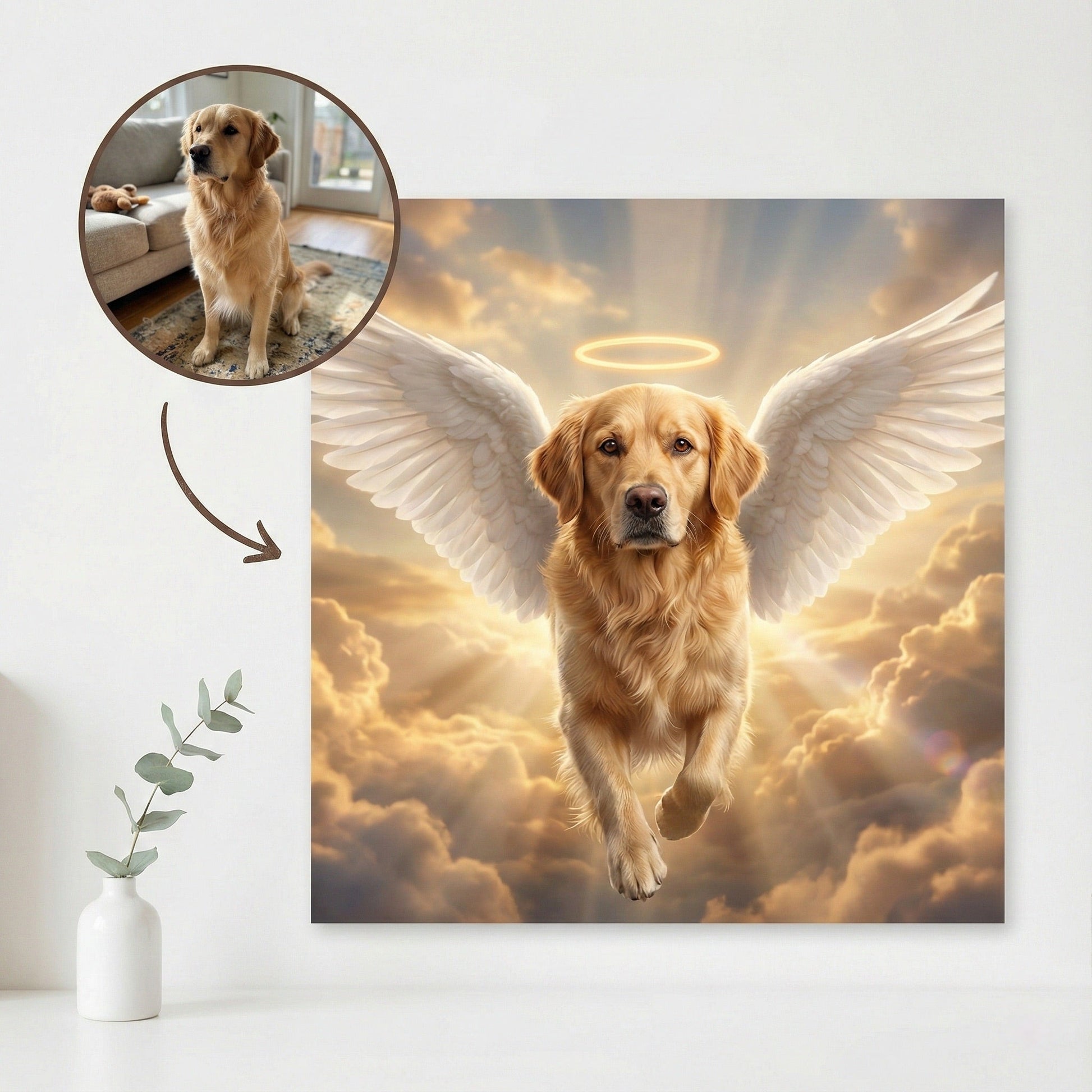 Custom Dog Memorial Portrait - Flying Over Rainbow Bridge (Angel Wings) by Phoenix Tree Studio