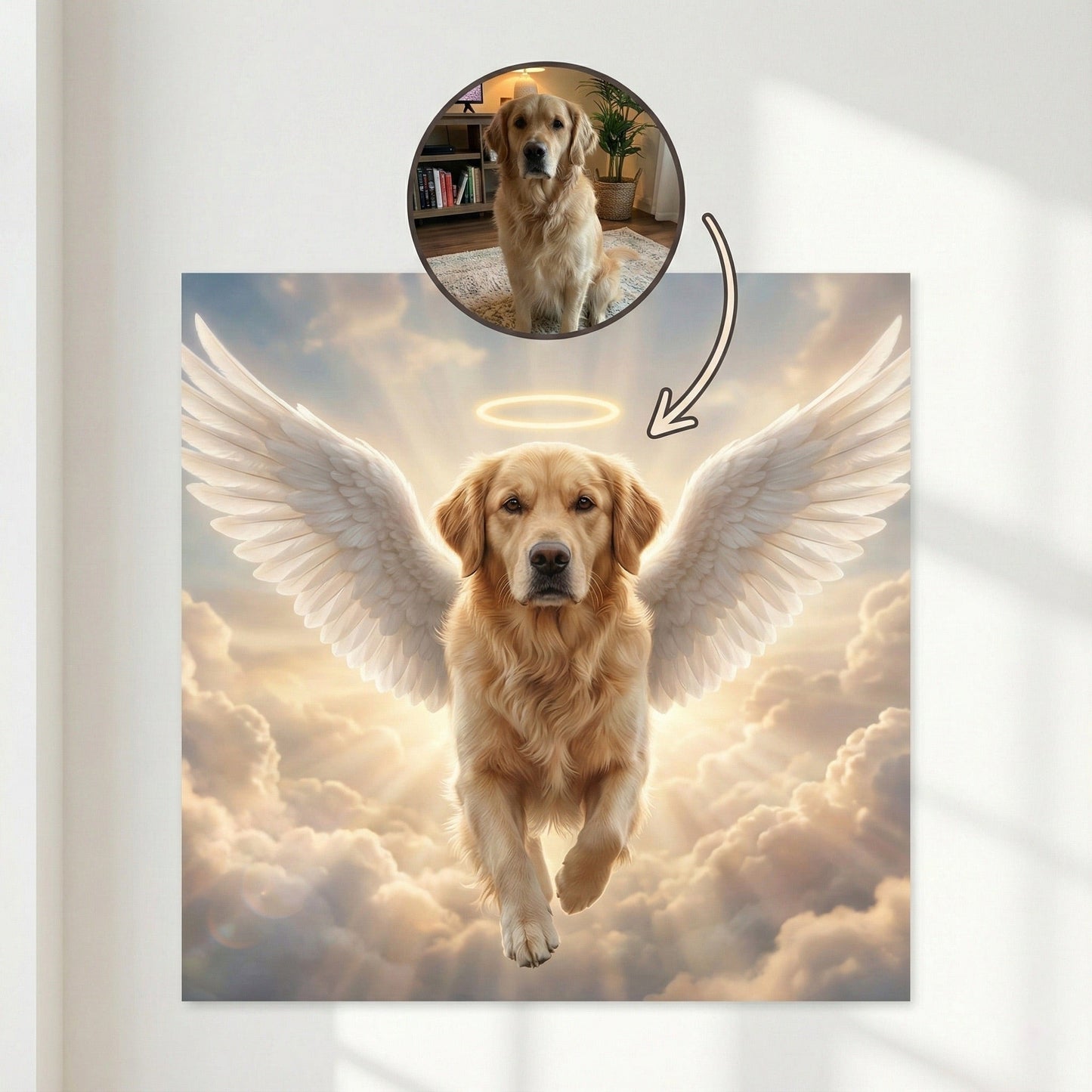 Custom Dog Memorial Portrait - Flying Over Rainbow Bridge (Angel Wings) by Phoenix Tree Studio