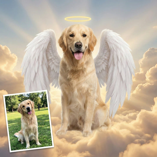 Custom Dog Memorial Portrait - Sitting on Clouds at Rainbow Bridge (Peaceful Rest) by Phoenix Tree Studio