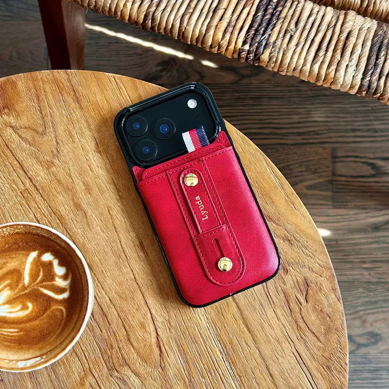 Phoenix Bespoke™: Personalized All-in-One Leather Grip Case with Card Slot & Retractable Stand for iPhone All Series by Phoenix Tree Studio