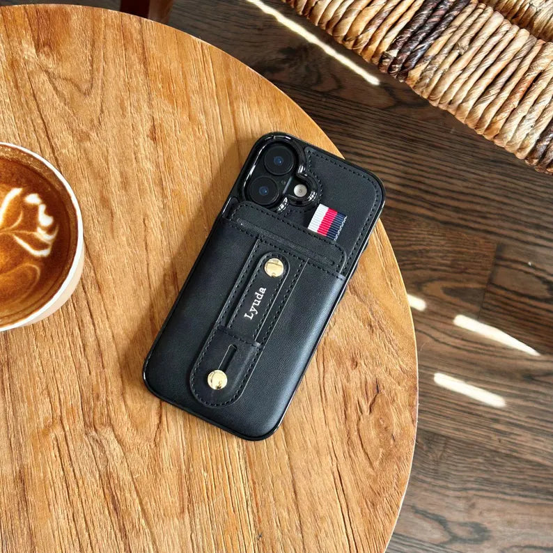 Phoenix Bespoke™: Personalized All-in-One Leather Grip Case with Card Slot & Retractable Stand for iPhone All Series by Phoenix Tree Studio