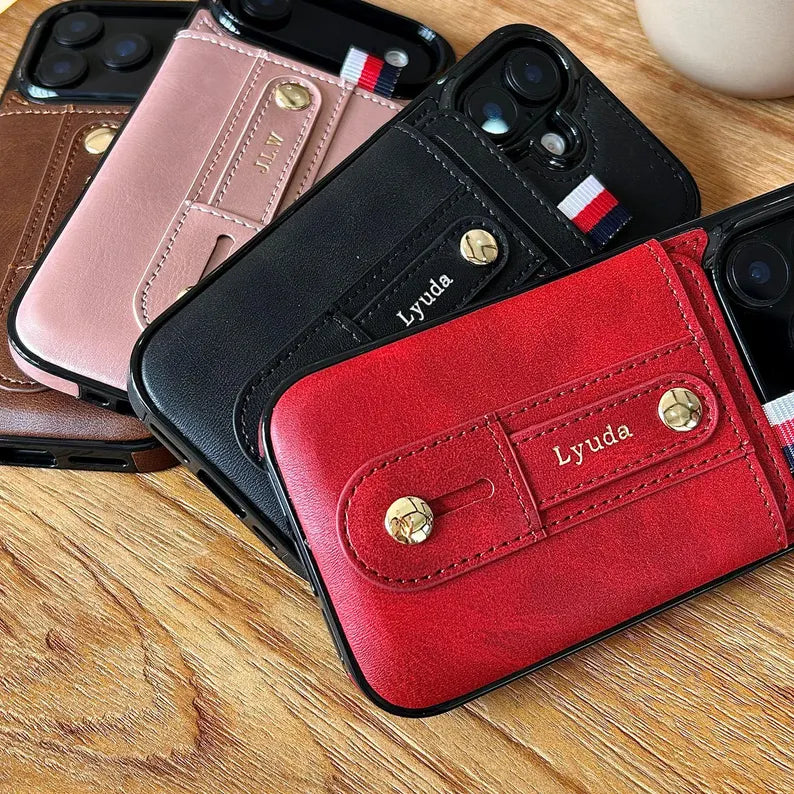 Phoenix Bespoke™: Personalized All-in-One Leather Grip Case with Card Slot & Retractable Stand for iPhone All Series by Phoenix Tree Studio
