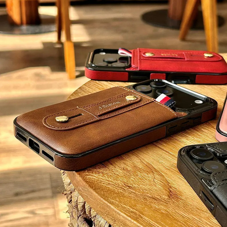 Phoenix Bespoke™: Personalized All-in-One Leather Grip Case with Card Slot & Retractable Stand for iPhone All Series by Phoenix Tree Studio