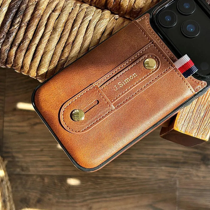 Phoenix Bespoke™: Personalized All-in-One Leather Grip Case with Card Slot & Retractable Stand for iPhone All Series by Phoenix Tree Studio