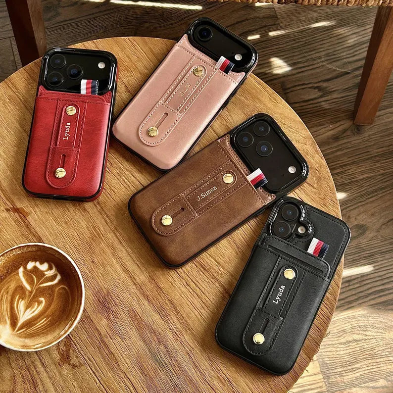 Phoenix Bespoke™: Personalized All-in-One Leather Grip Case with Card Slot & Retractable Stand for iPhone All Series by Phoenix Tree Studio