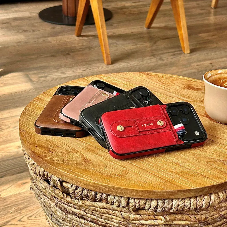 Phoenix Bespoke™: Personalized All-in-One Leather Grip Case with Card Slot & Retractable Stand for iPhone All Series by Phoenix Tree Studio